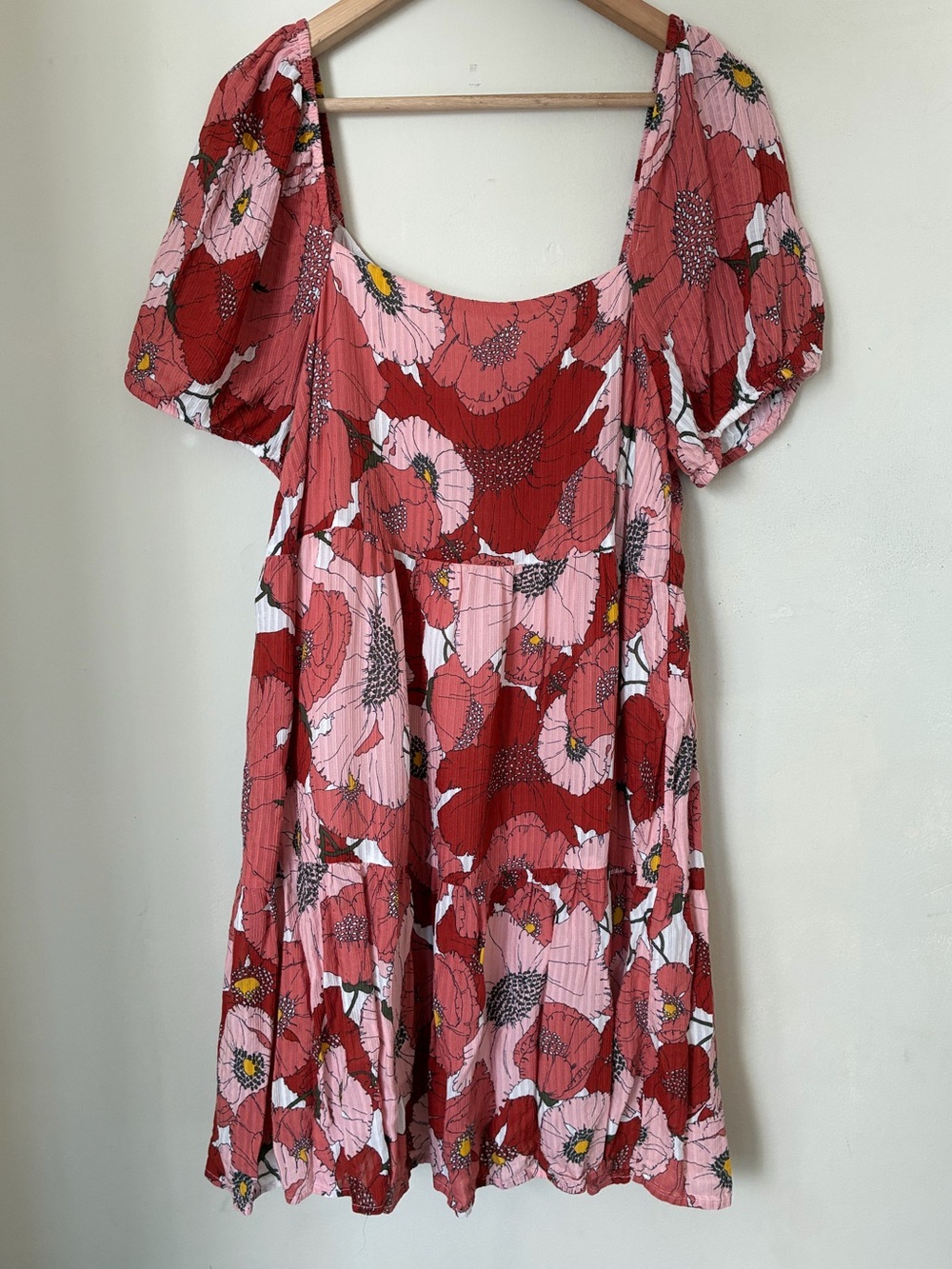 Loft Fall Red Pink Floral Poppy Tiered Puff Sleeve Mini Dress Sz 14 Cottagecore